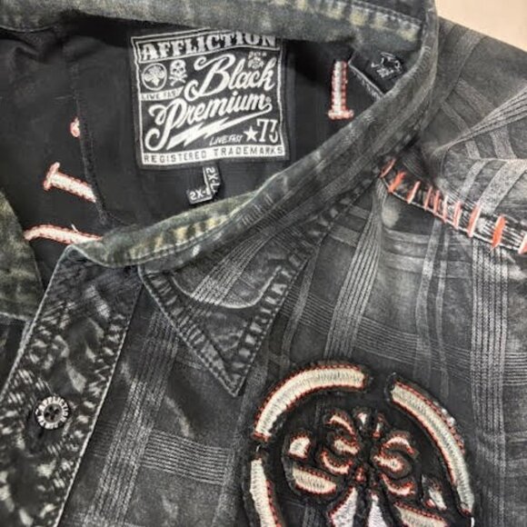Affliction Black Premium Button Up Long Sleeve Men' 2XL Back HIT Embroidered - Picture 3 of 4